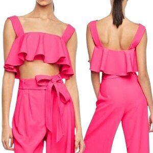 MILLY - Women’s Ruffle Crop Top, ‘Italian Cady’ Draped - Hot Pink, Size 6